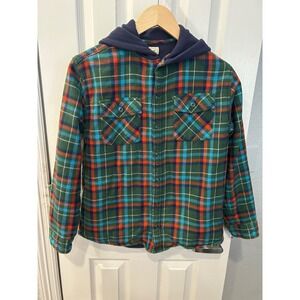 LL Bean Kids Fleece Lined Flannel Shirt Jacket Green Plaid Hooded L 14-16 k2026